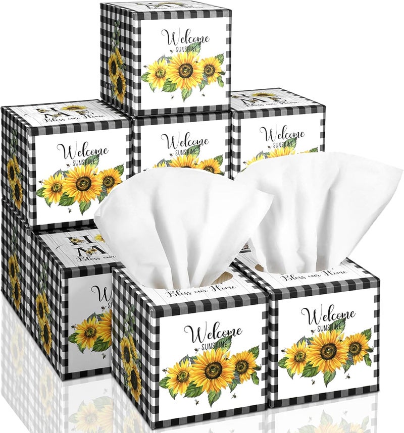 Fourluoo 12 Pack Summer Sunflower Facial Tissues Cube Boxes 600 Sheets 3 Ply Small Black and White Plaid Sunflower Face Tissues Bulk for Summer Car Bedroom Supplies - Image 1